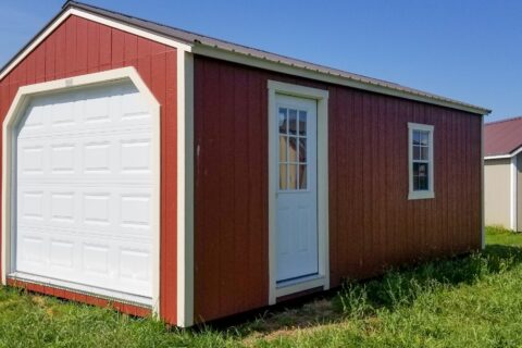 red portable garage made from wood by 5 star buildings in MO