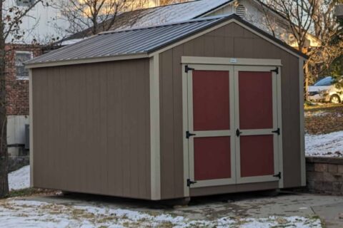 10x12 tan and red garden shed for sale in barnhart pa