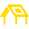 Yellow simple outline of gable roof building with white knocked out skewed hollow square in roof